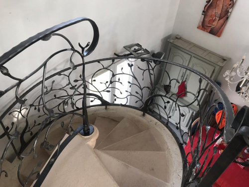 Rampe escalier colimaçon en fer forgé sur mesure décor feuille arbre installée dans l’aube près de Troyes